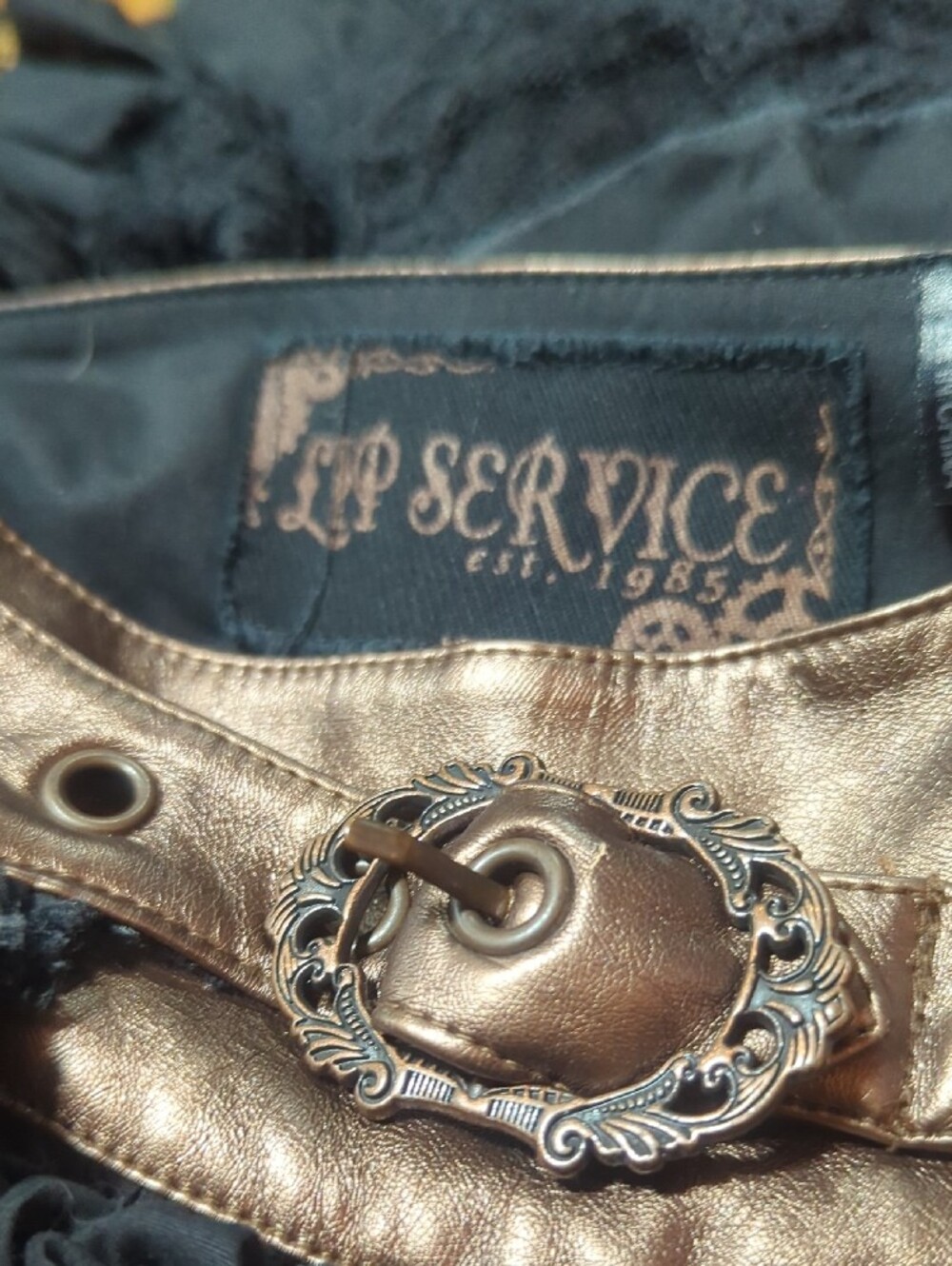 EXTREMELLY RARE Lip Service Skirt Bronze Metallic Waistband and Ornate Buckle - Picture 2 of 11